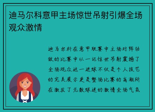 迪马尔科意甲主场惊世吊射引爆全场观众激情