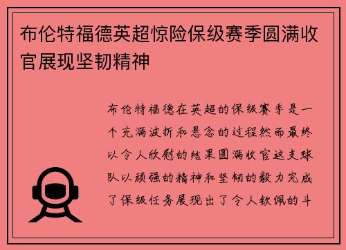 布伦特福德英超惊险保级赛季圆满收官展现坚韧精神